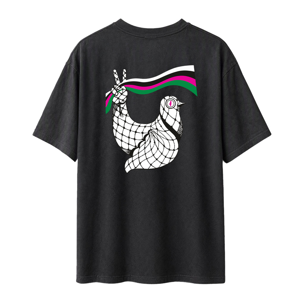 Back view of faded black heavyweight Dove Palestinian T-shirt with large keffiyeh dove artwork.