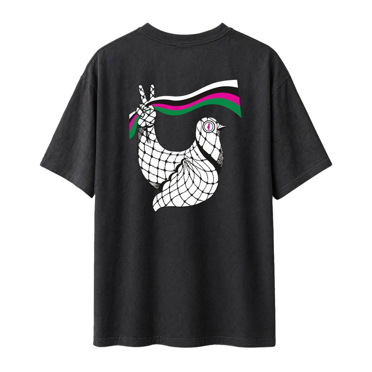 Back view of faded black heavyweight Dove Palestinian T-shirt with large keffiyeh dove artwork.