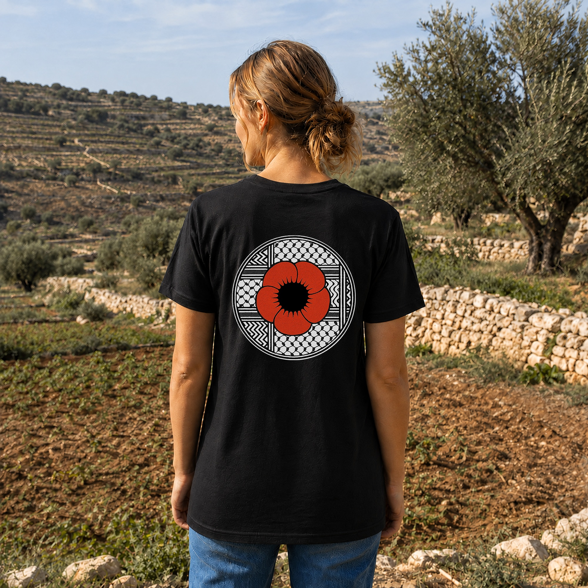 Back view of woman wearing black Poppy Palestinian T-shirt in a terraced olive landscape with dry-stone walls.