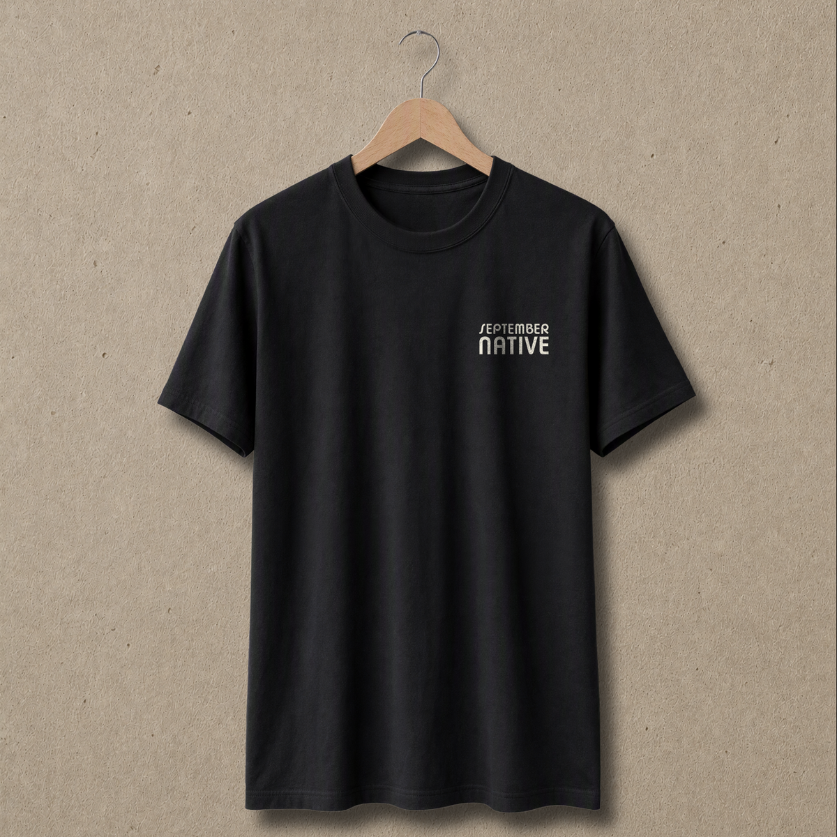 Front view of black Children of Gaza Palestinian T-shirt with only a small white September Native chest logo.