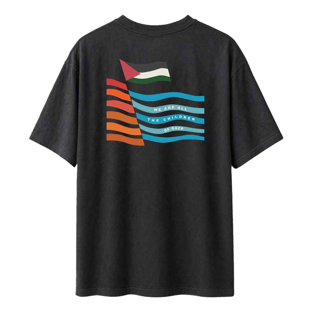 Children of Gaza Palestinian shirt in Faded Black with Palestinian flag, colorful geometric artwork and “We Are All the Children of Gaza” on the back.