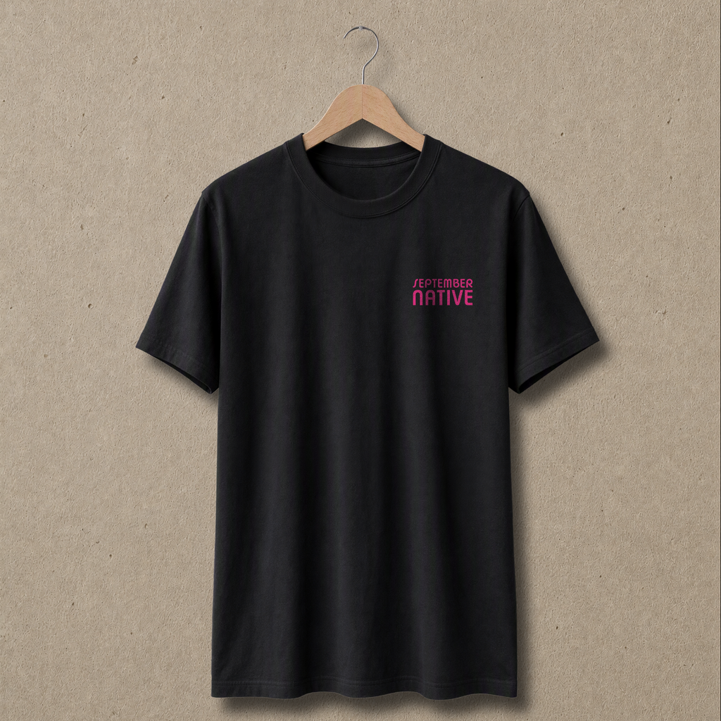 Front view of black Dove Palestinian T-shirt with only a small September Native chest logo.