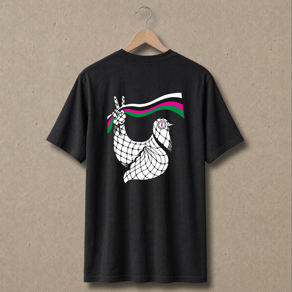 Regular fit black Dove Palestinian T-shirt shown from the back with artwork