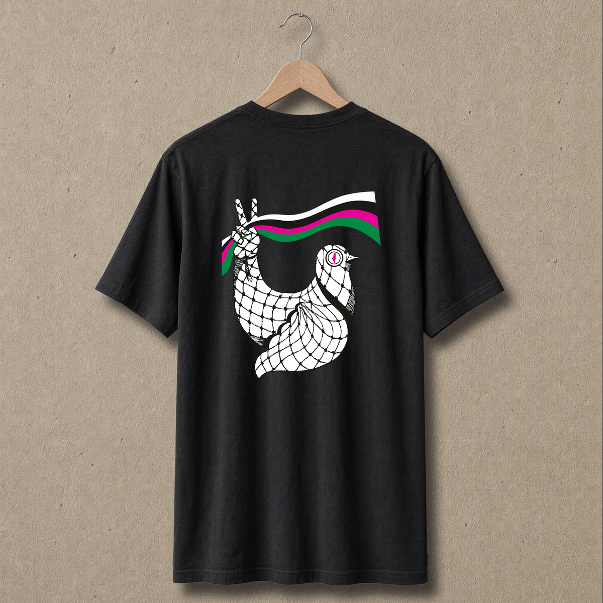 Regular fit black Dove Palestinian T-shirt shown from the back with artwork