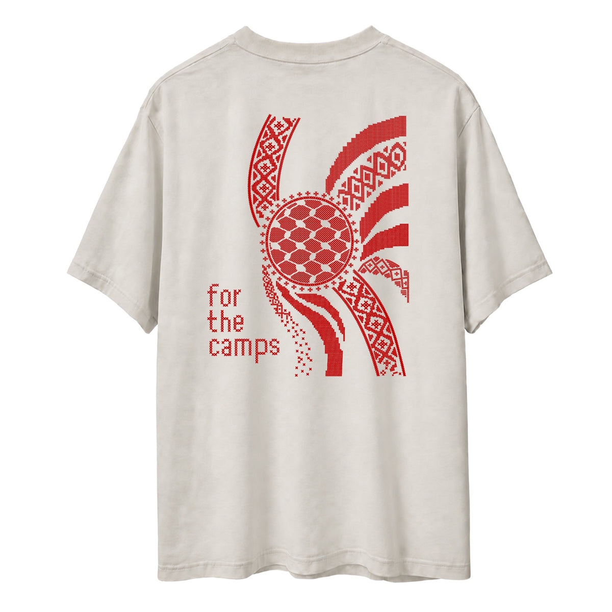 Back view of Faded Bone heavyweight For the Camps Palestinian T-shirt with red tatreez-inspired artwork.