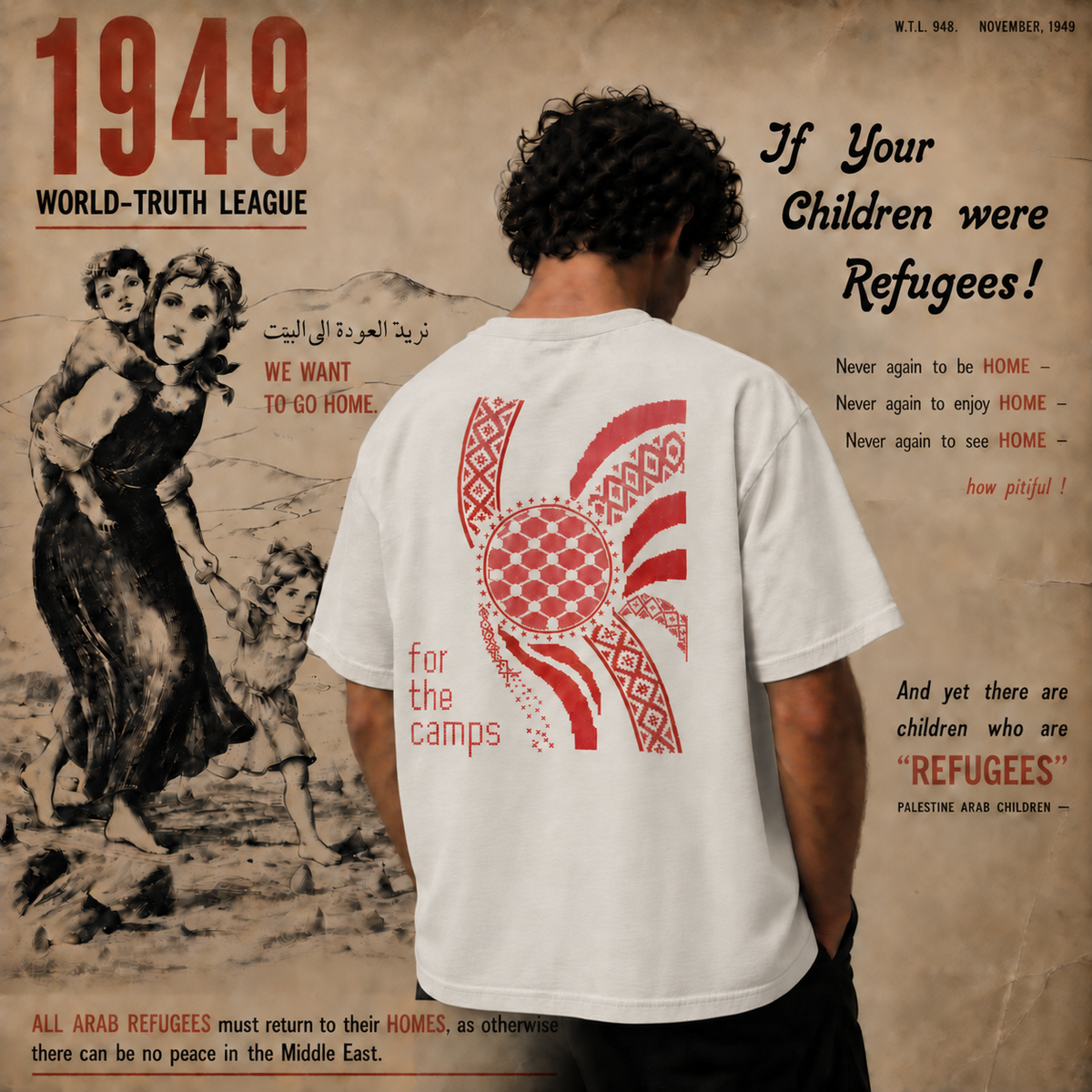 Back view of man wearing Faded Bone heavyweight For the Camps Palestinian T-shirt in front of a 1949 World-Truth League refugee poster.