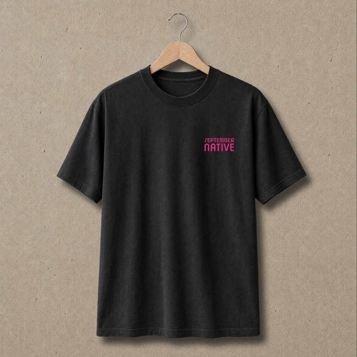 Front view of faded black heavyweight Dove Palestinian T-shirt with small September Native chest logo only.