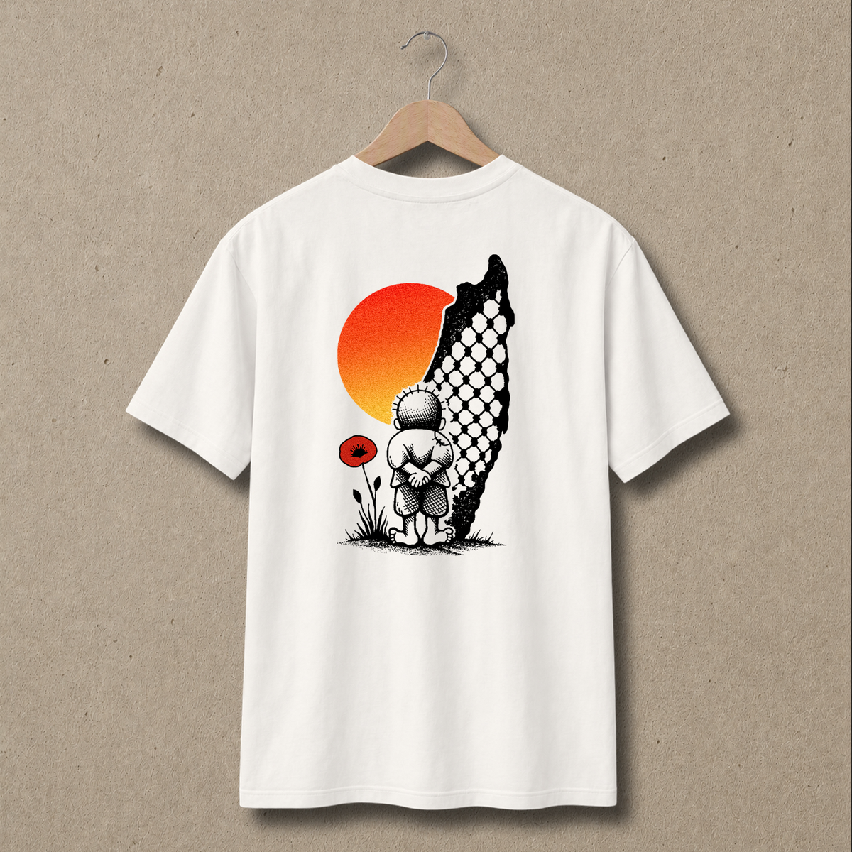 Back view of natural Handala Palestinian T-shirt featuring Handala beside a keffiyeh-pattern Palestine silhouette, red poppy and orange sun.