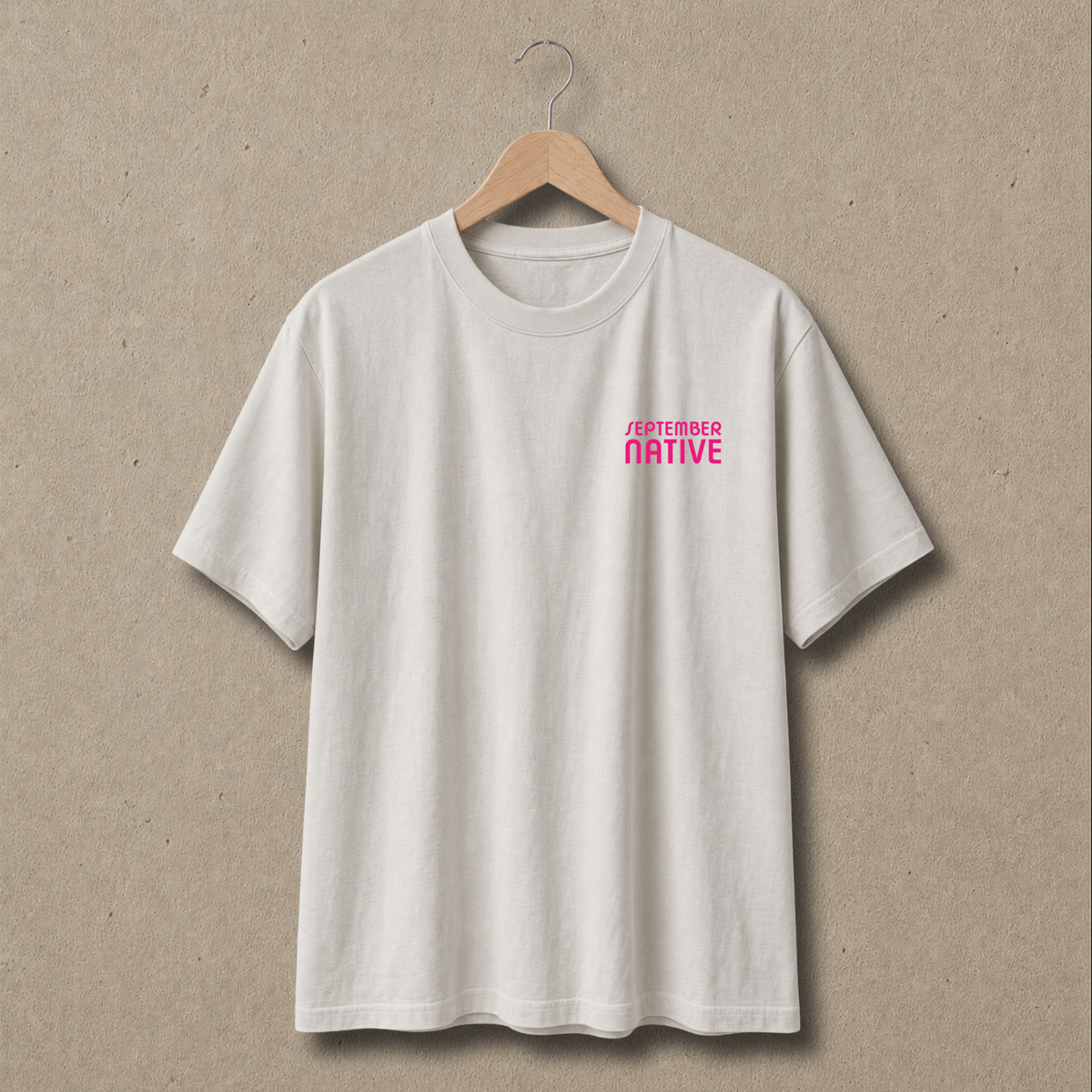 Front view of Faded Bone heavyweight In Jerusalem Palestinian T-shirt with only a small pink September Native chest logo.