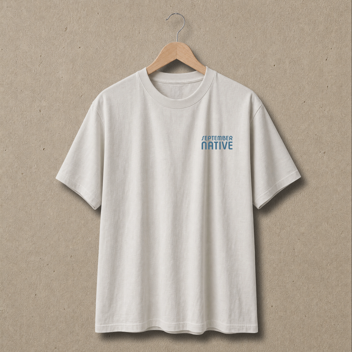 Front view of Faded Bone heavyweight Keffiyeh Sun Palestinian T-shirt with only a small blue September Native chest logo.