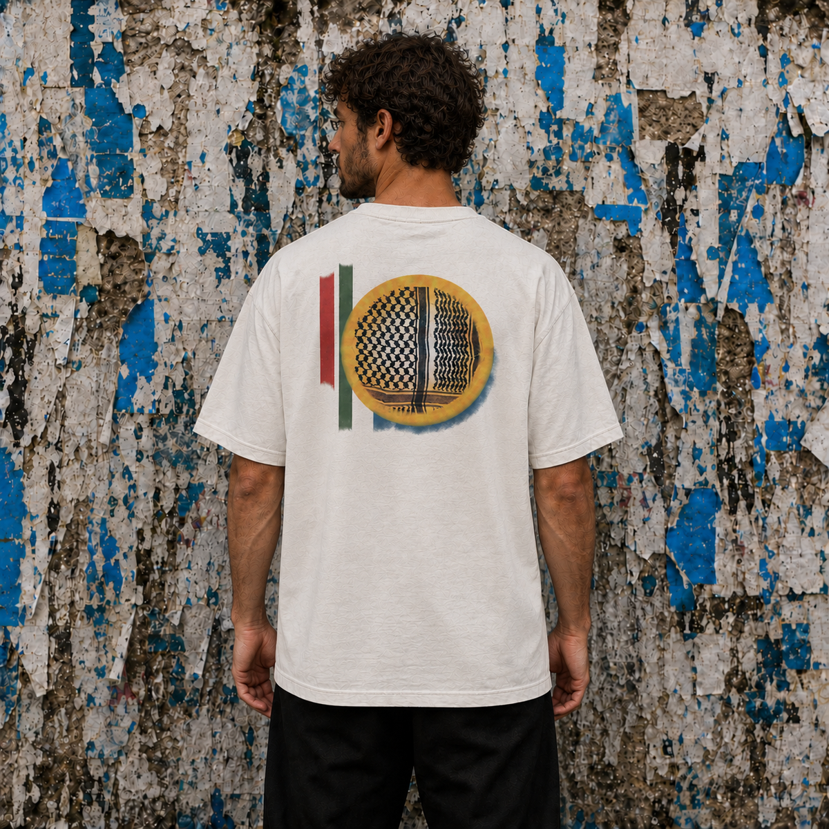 Back view of a male model wearing the Faded Bone heavyweight Keffiyeh Sun Palestinian T-shirt against a weathered blue-and-white Beirut wall.