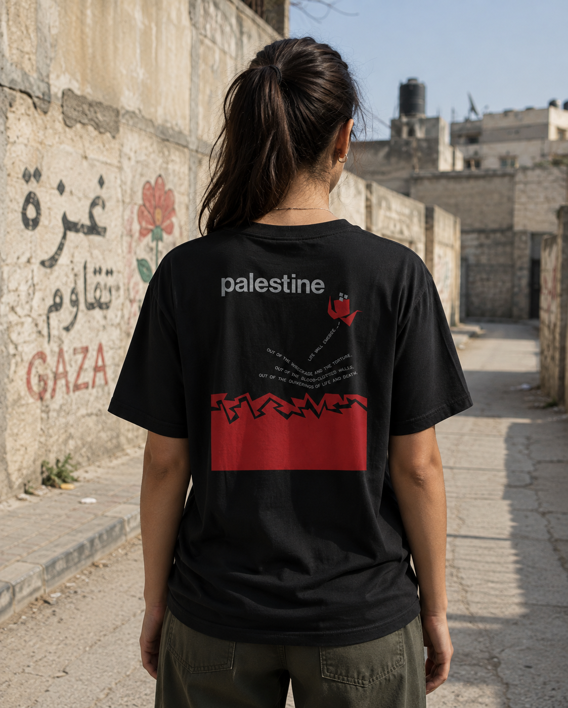 Lifestyle back view of black Life Will Emerge Palestinian T-shirt showing red and gray “Palestine” artwork with the Life Will Emerge text and graphic.