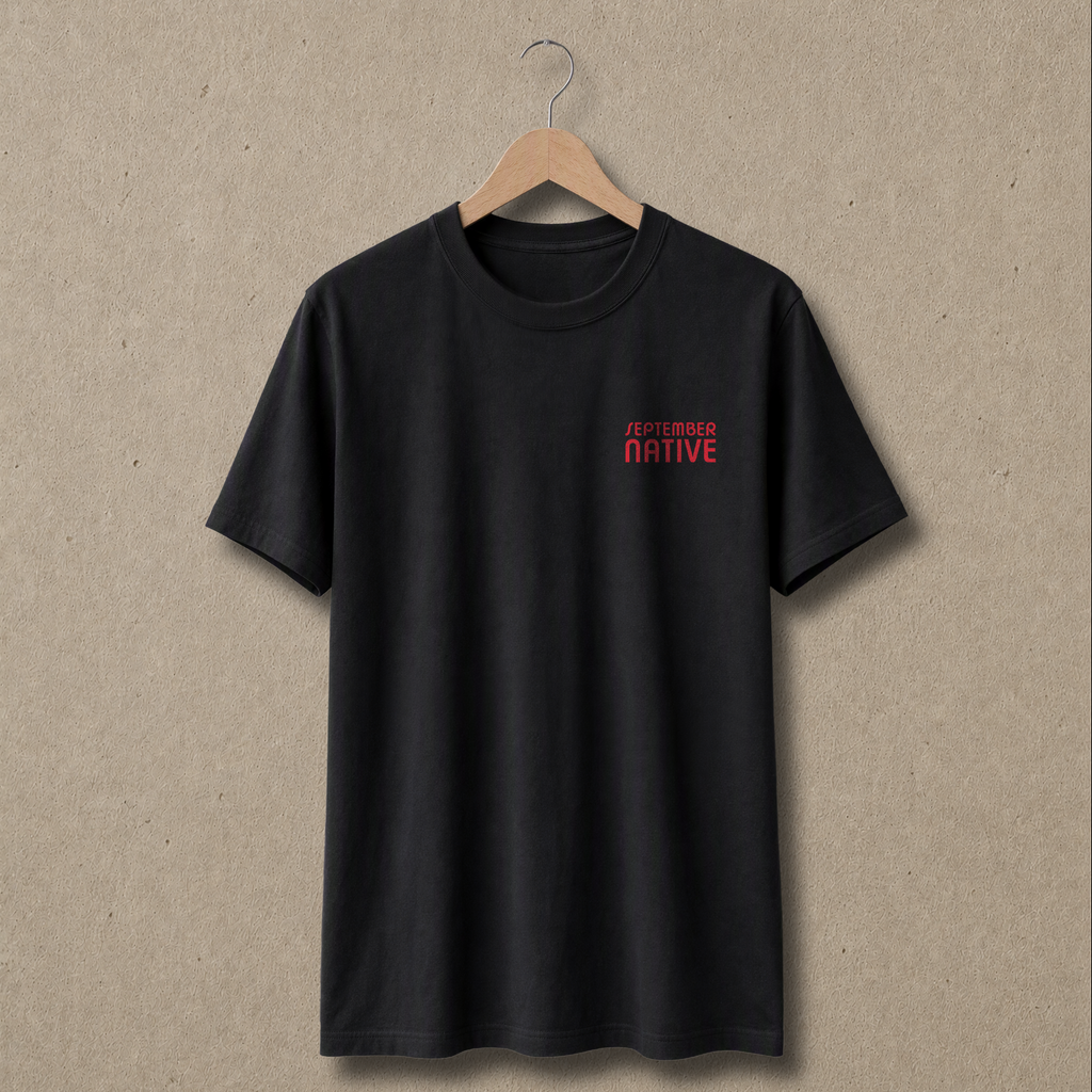 Front view of black Life Will Emerge Palestinian T-shirt with only a small red September Native chest logo.