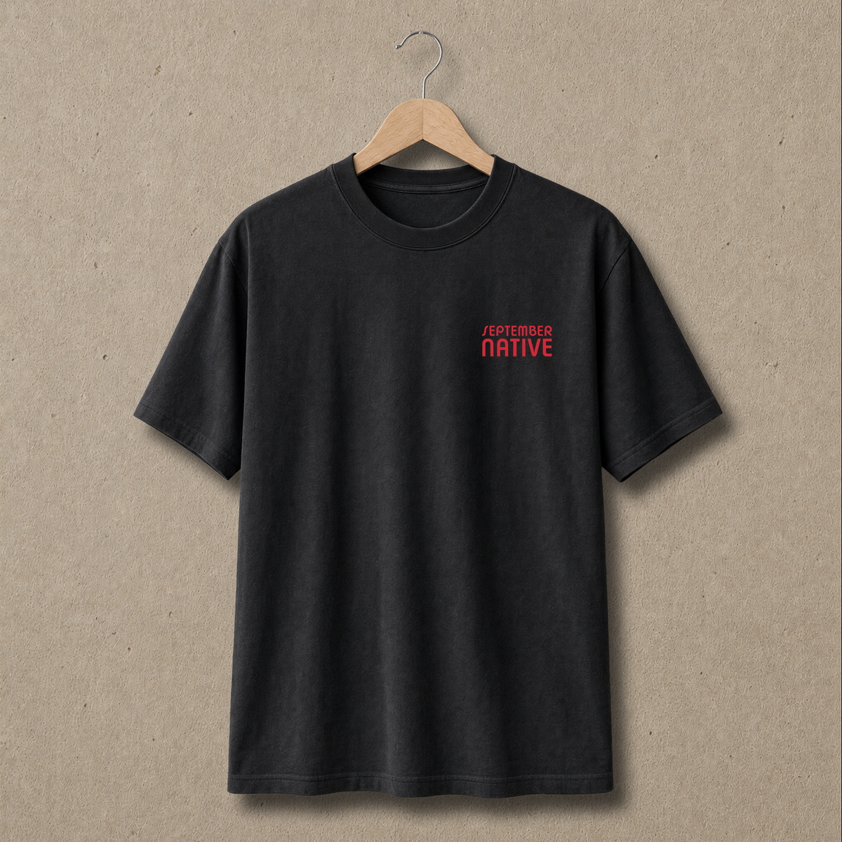 Front view of Faded Black heavyweight Life Will Emerge Palestinian T-shirt with only a small red September Native chest logo.