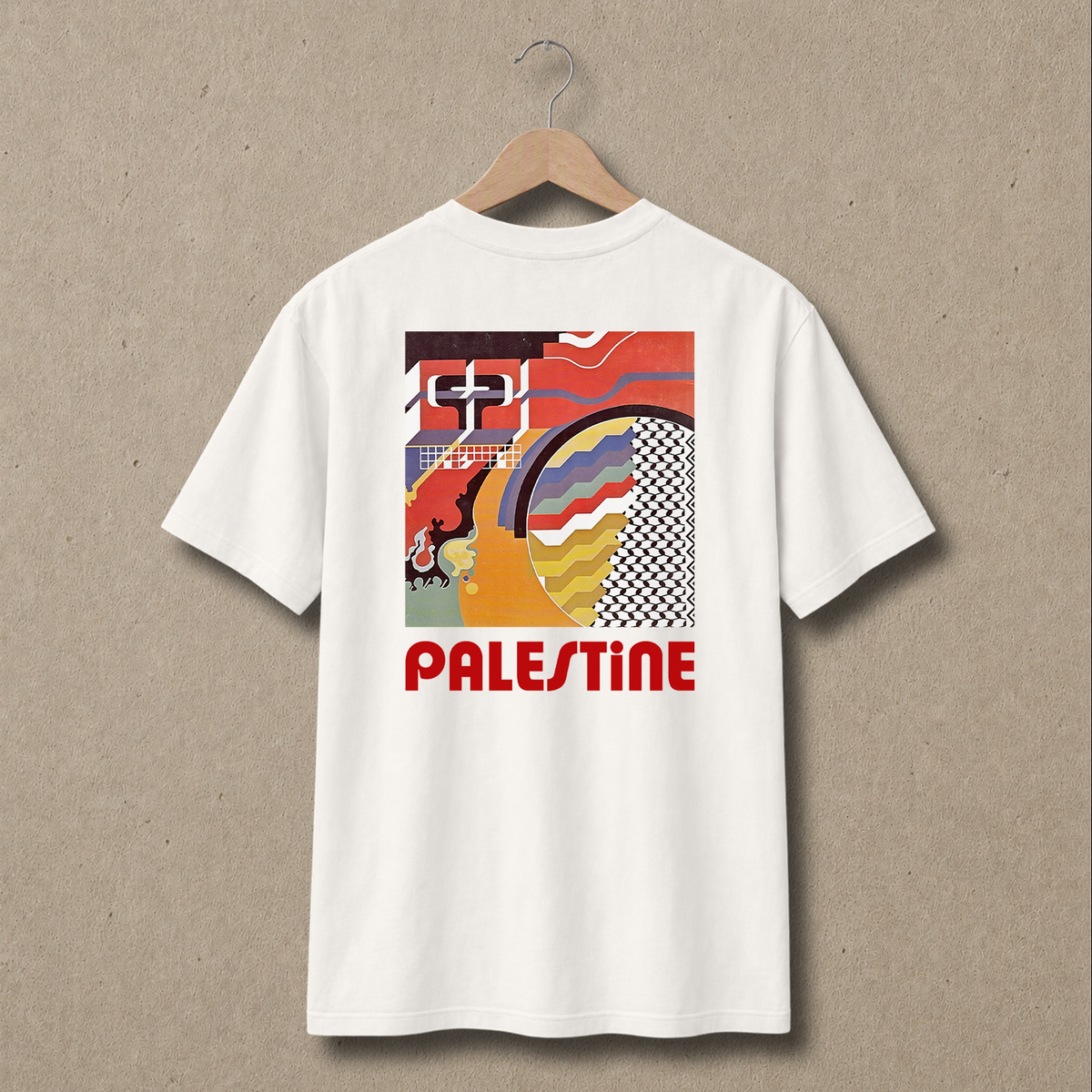 Natural regular fit Palestinian Geometry T-shirt shown from the back with colorful Palestinian artwork