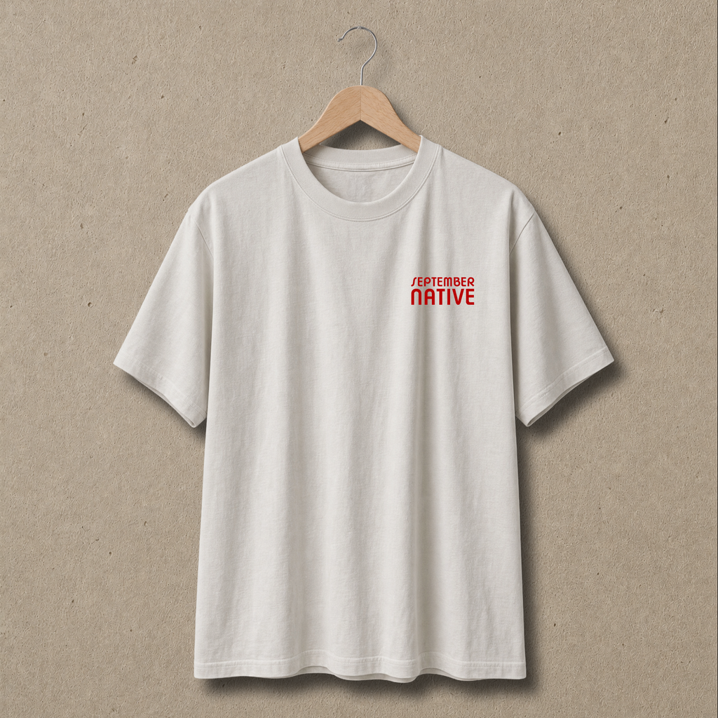 Front view of Faded Bone heavyweight Palestinian Geometry T-shirt with only a small red September Native chest logo.