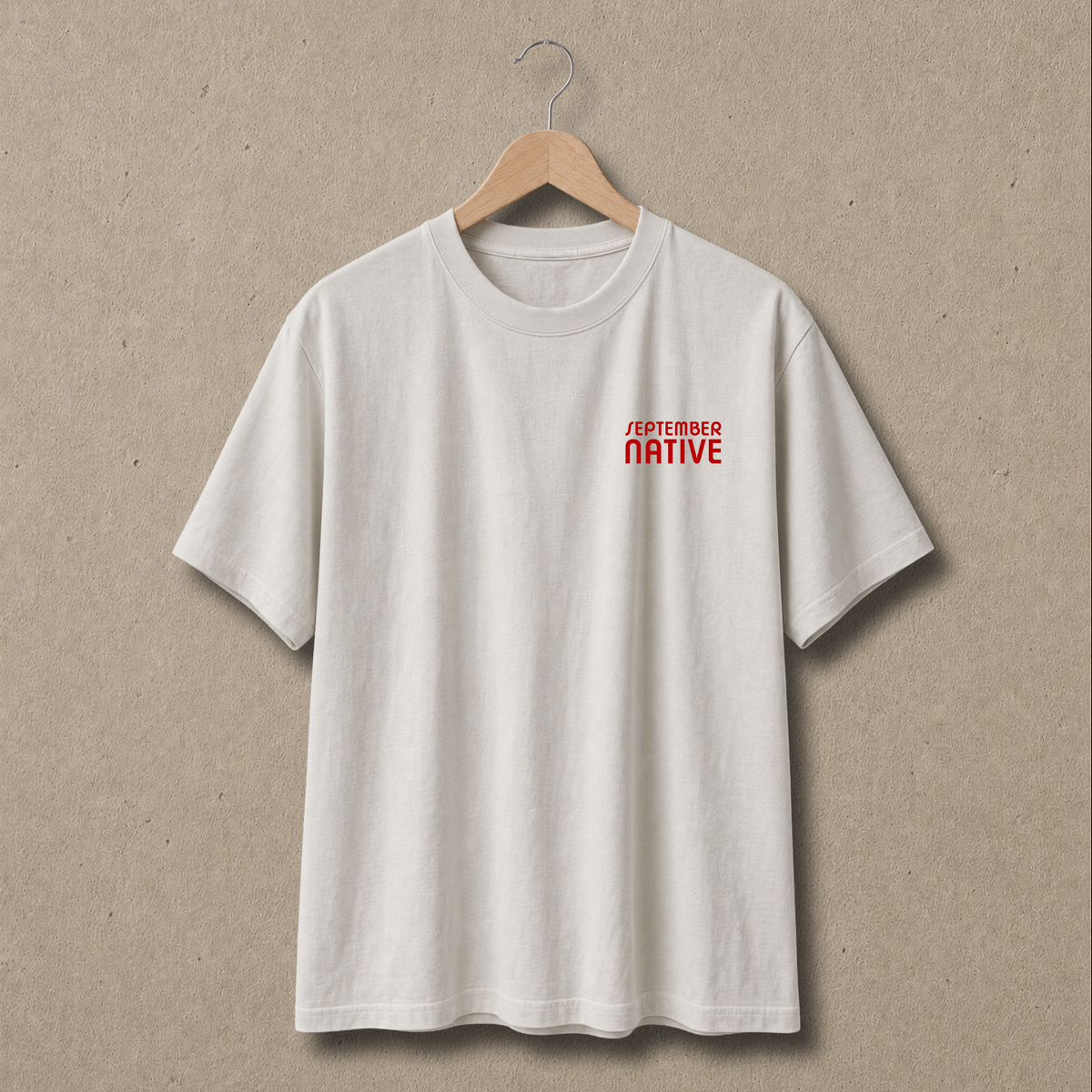Front view of Faded Bone heavyweight Palestinian Geometry T-shirt with only a small red September Native chest logo.