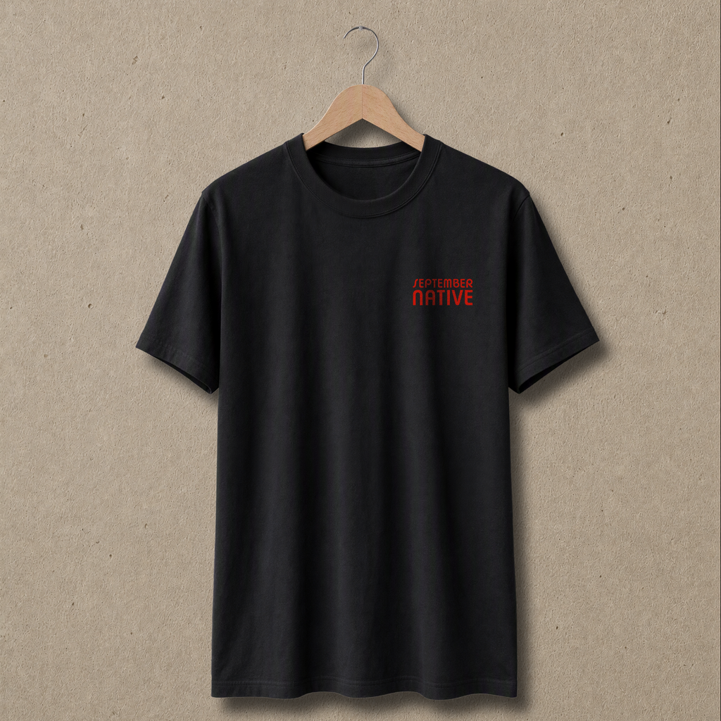 Front view of black Poppy Palestinian T-shirt with September Native chest logo.