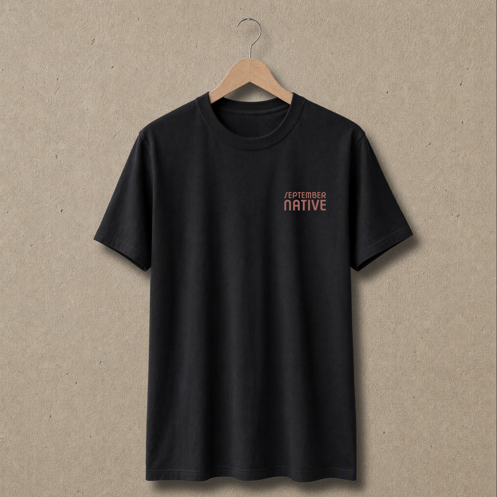 Front view of black Sun Emblem Palestinian T-shirt with small September Native chest logo.
