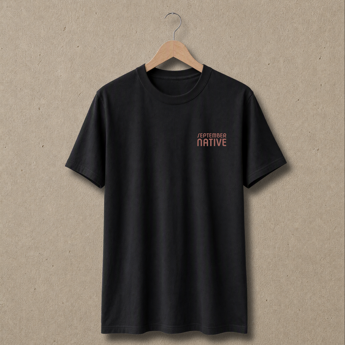 Front view of black Sun Emblem Palestinian T-shirt with small September Native chest logo.
