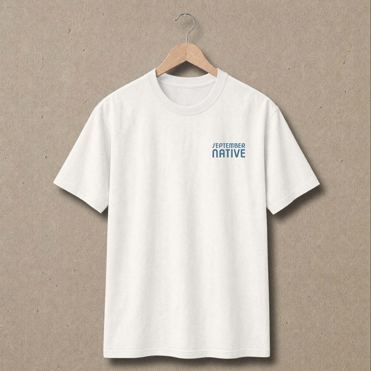 Front view of natural Sun Keffiyeh Palestinian T-shirt with only a small blue September Native chest logo.