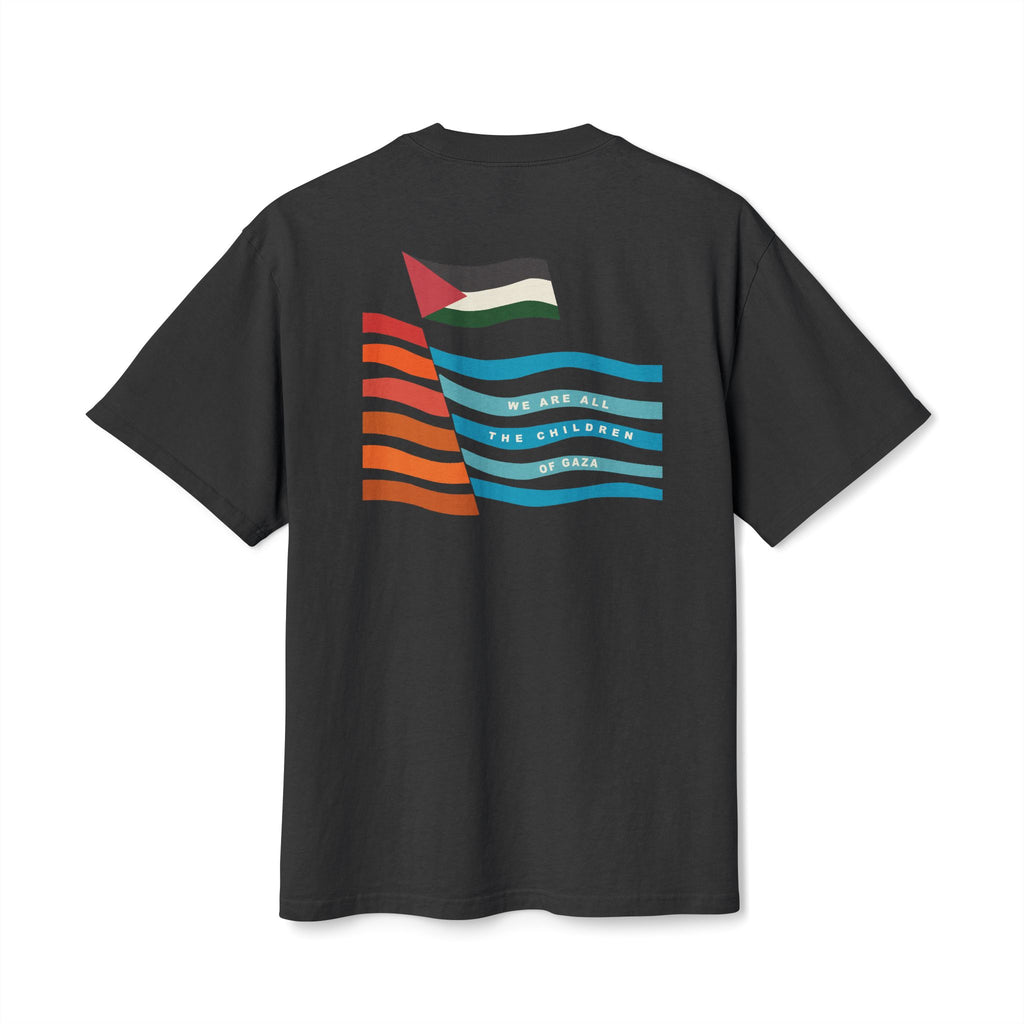 Back view of black heavyweight Children of Gaza Palestinian T-shirt with red and white artwork.