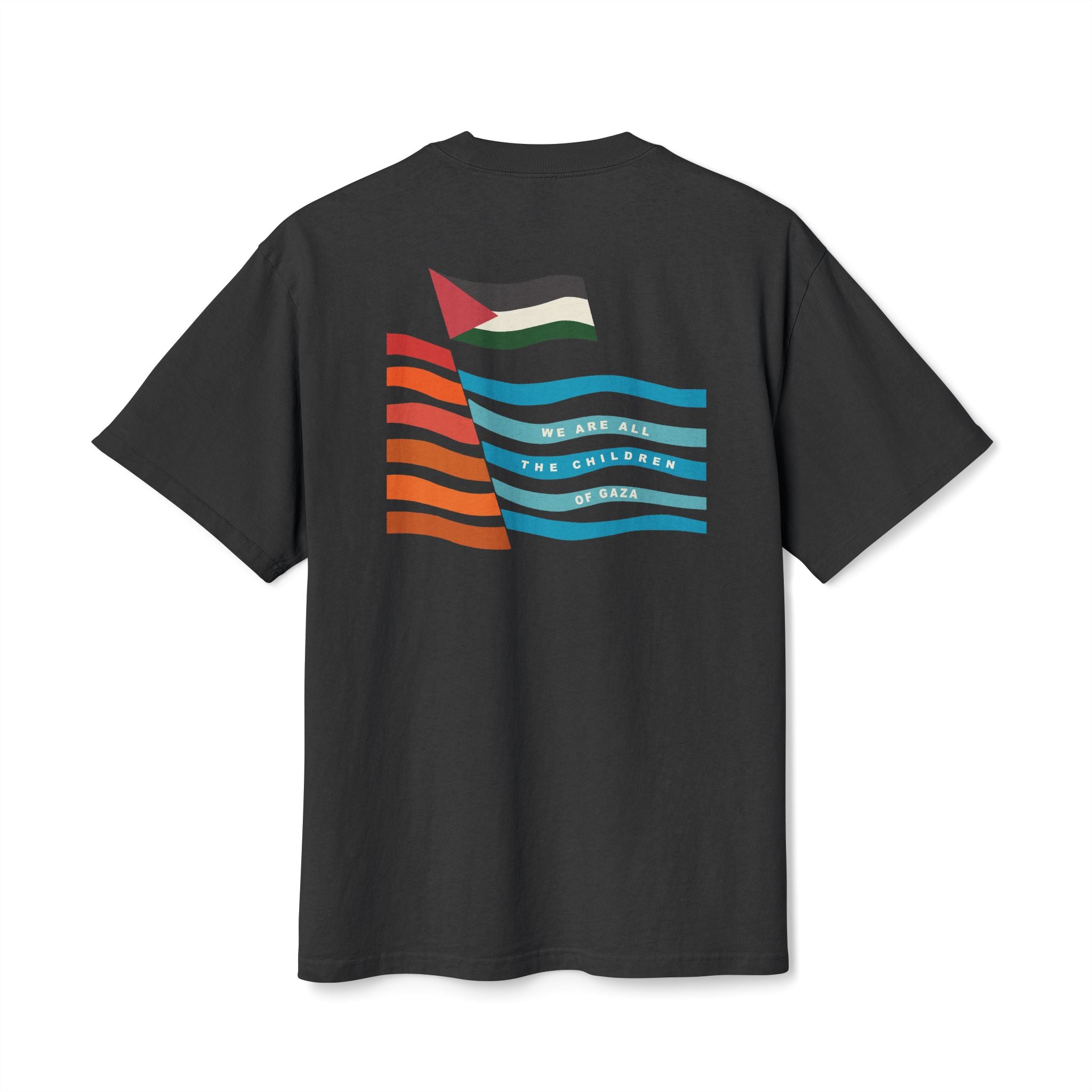 Back view of black heavyweight Children of Gaza Palestinian T-shirt with red and white artwork.