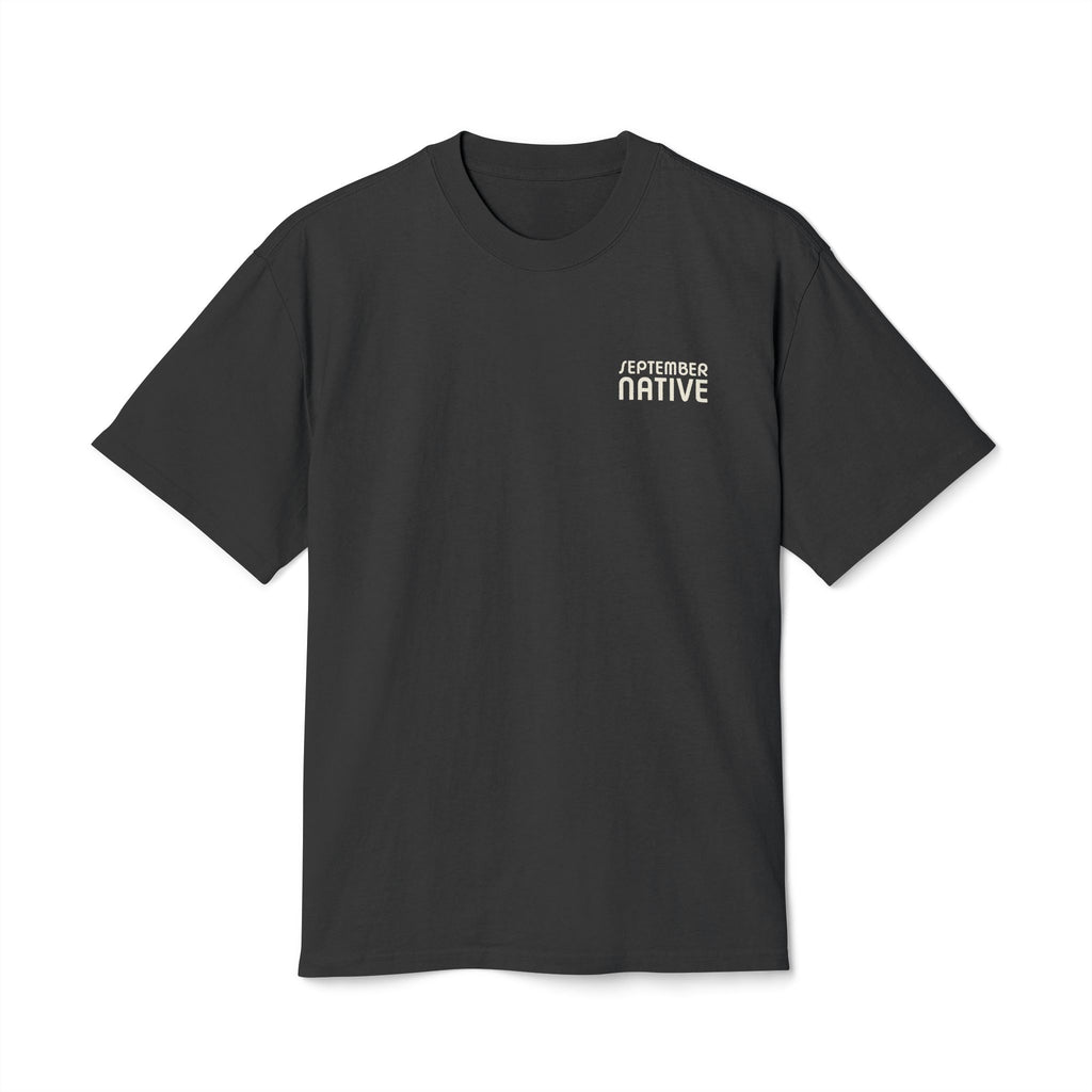 Front view of black heavyweight Children of Gaza Palestinian T-shirt with September Native chest logo.
