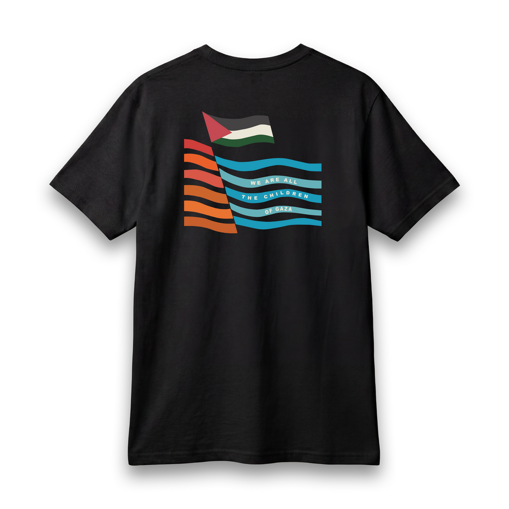 Back view of black lightweight Children of Gaza Palestinian T-shirt with red and white artwork.