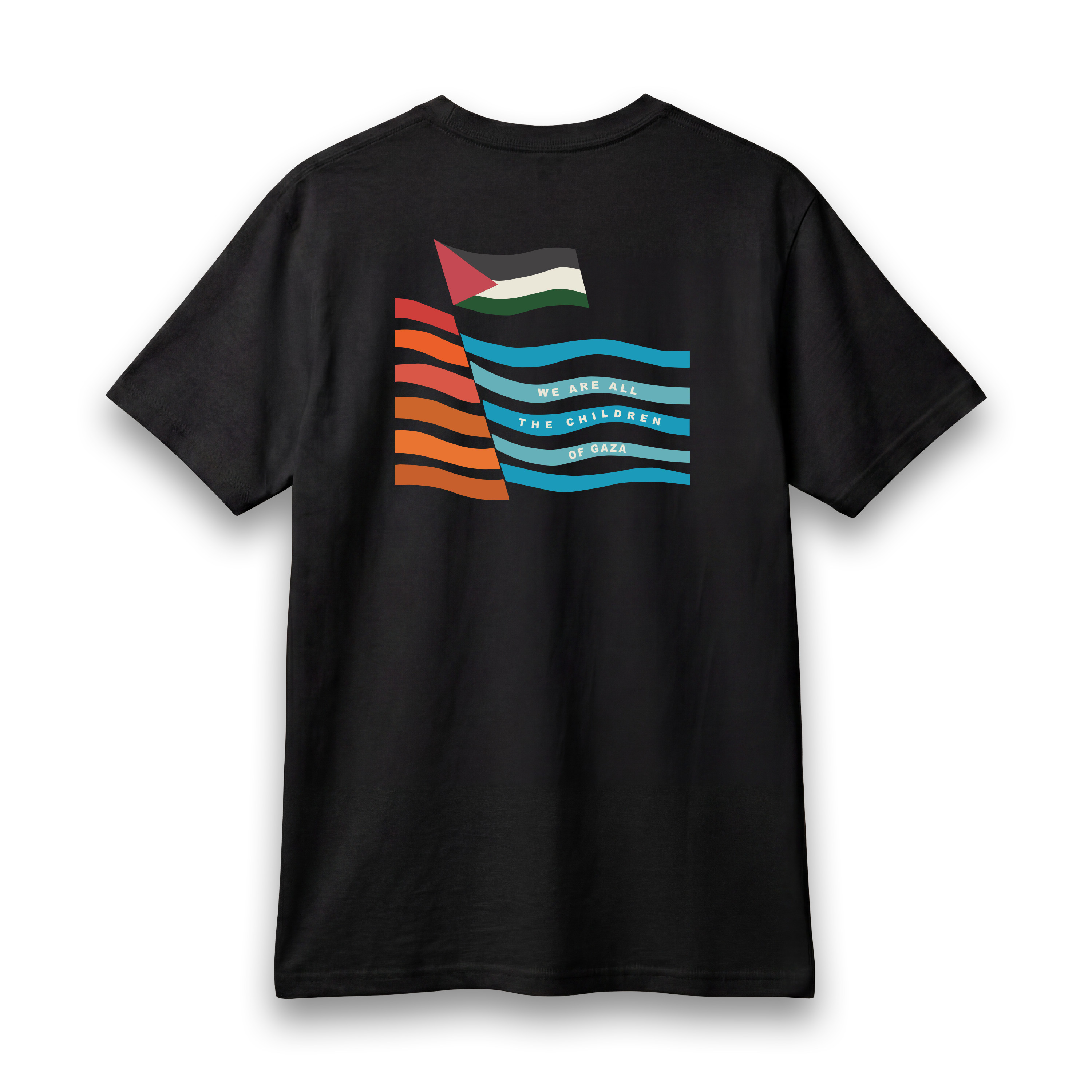 Back view of black lightweight Children of Gaza Palestinian T-shirt with red and white artwork.
