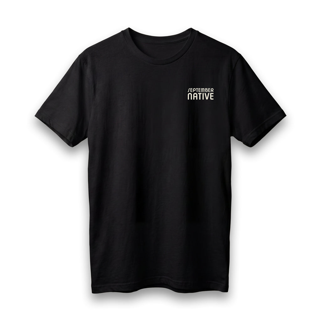 Front view of black lightweight Children of Gaza Palestinian T-shirt with September Native chest logo.
