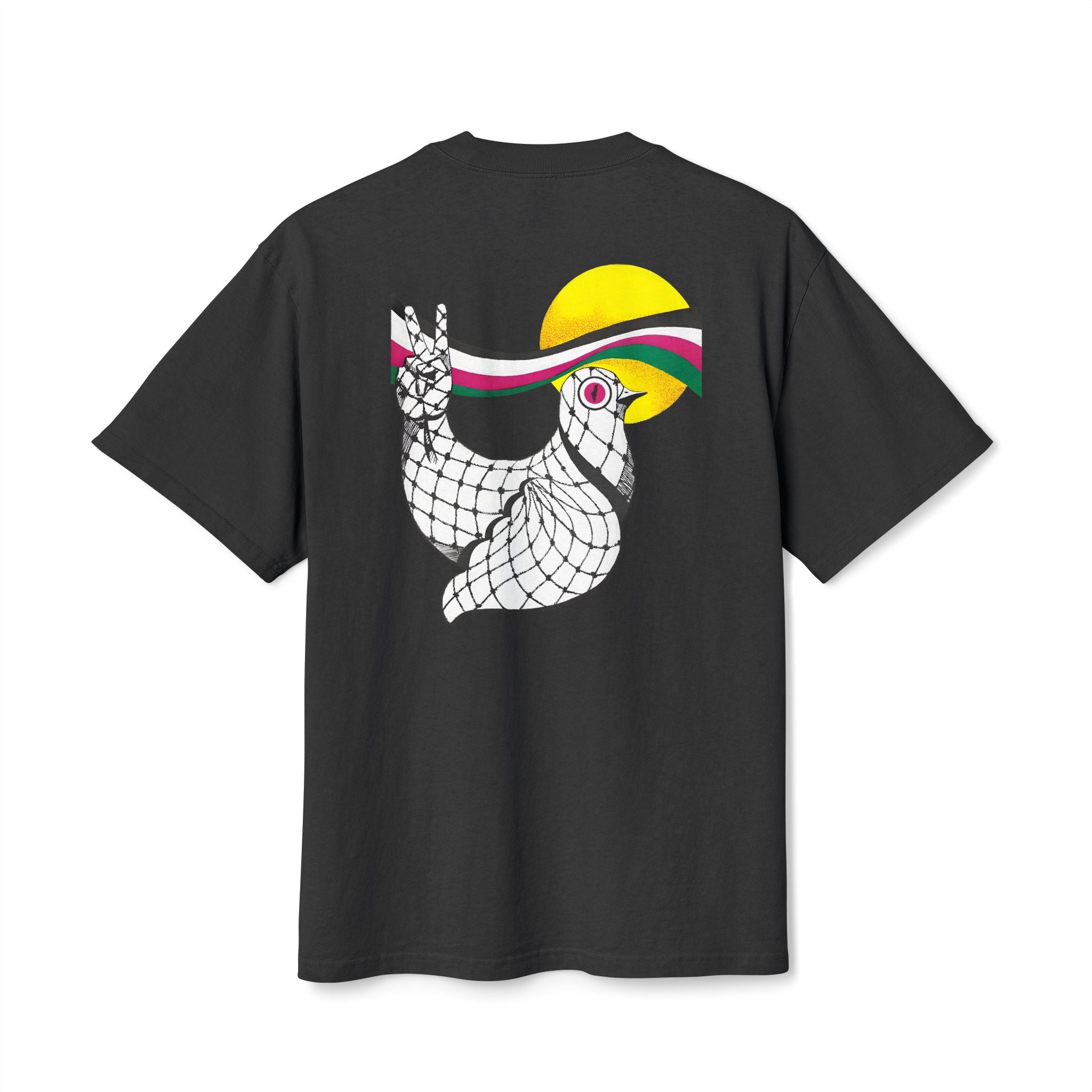 Back view of [color] heavyweight Dove Palestinian T-shirt with dove artwork.
