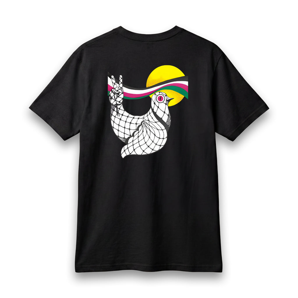 Back view of [color] lightweight Dove Palestinian T-shirt with dove artwork.