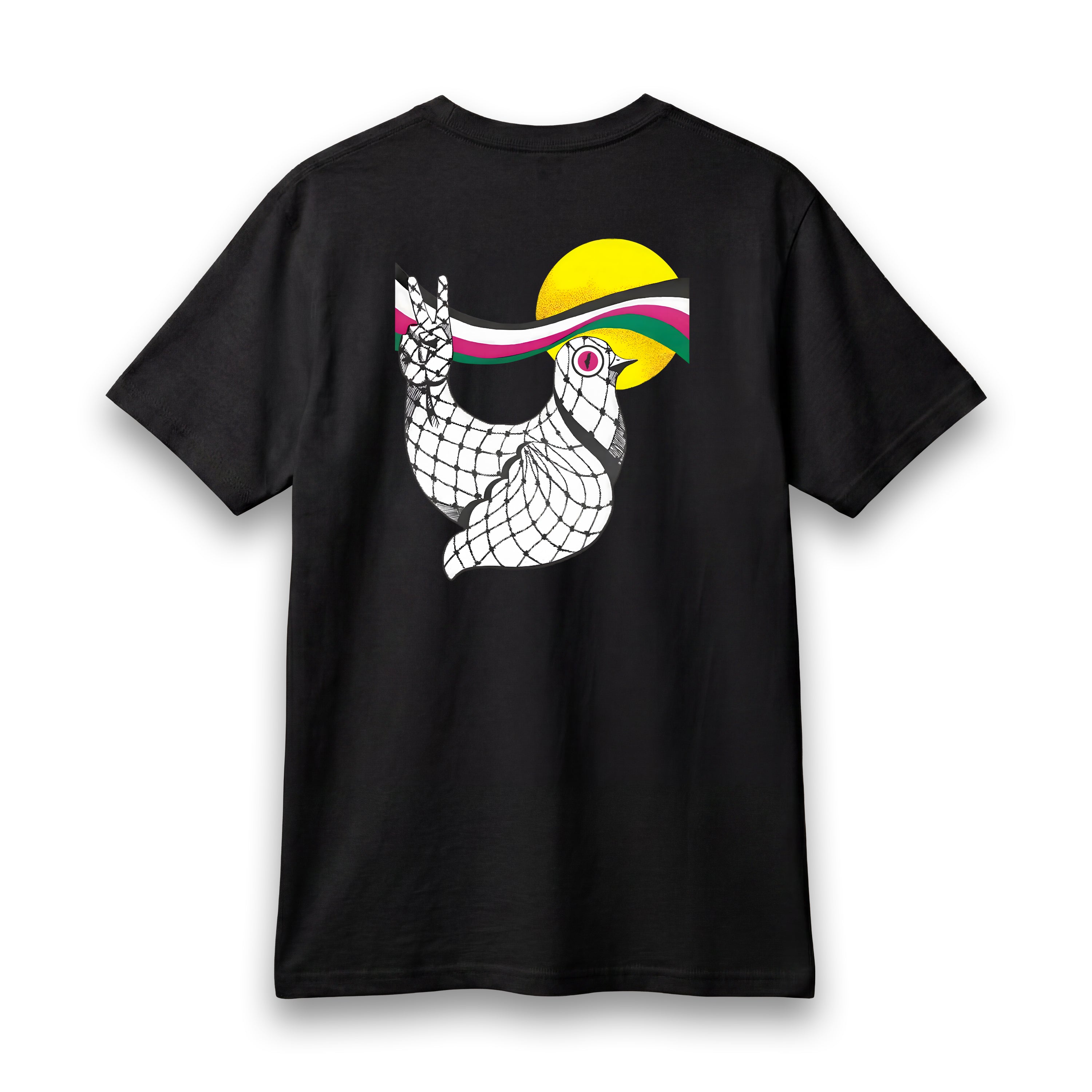 Back view of [color] lightweight Dove Palestinian T-shirt with dove artwork.
