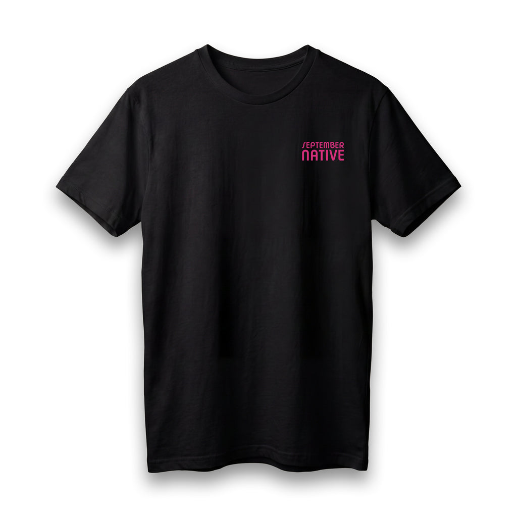 Front view of [color] lightweight Dove Palestinian T-shirt with September Native chest logo.