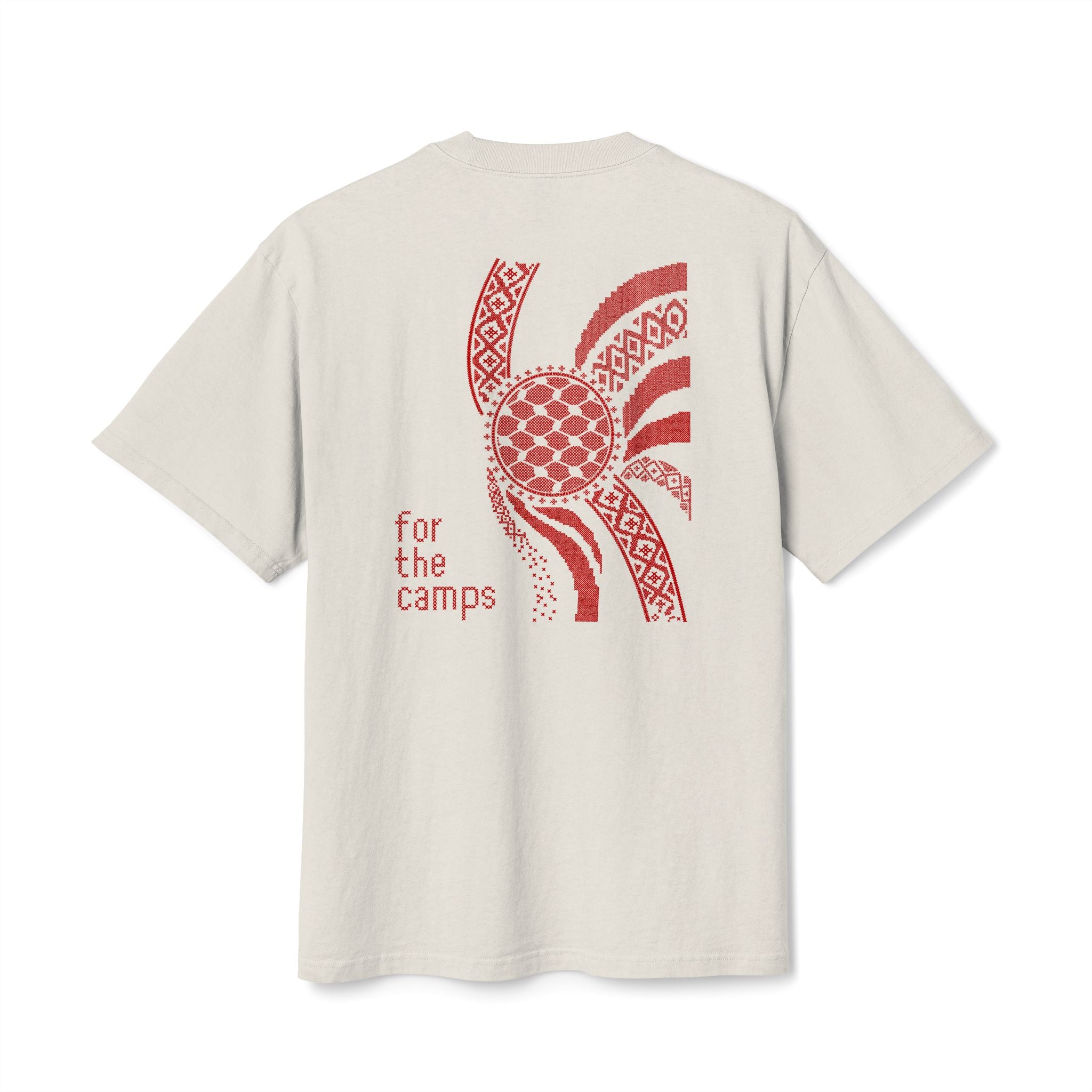 Back view of cream For the Camps Palestinian T-shirt with tatreez and keffiyeh-inspired artwork.