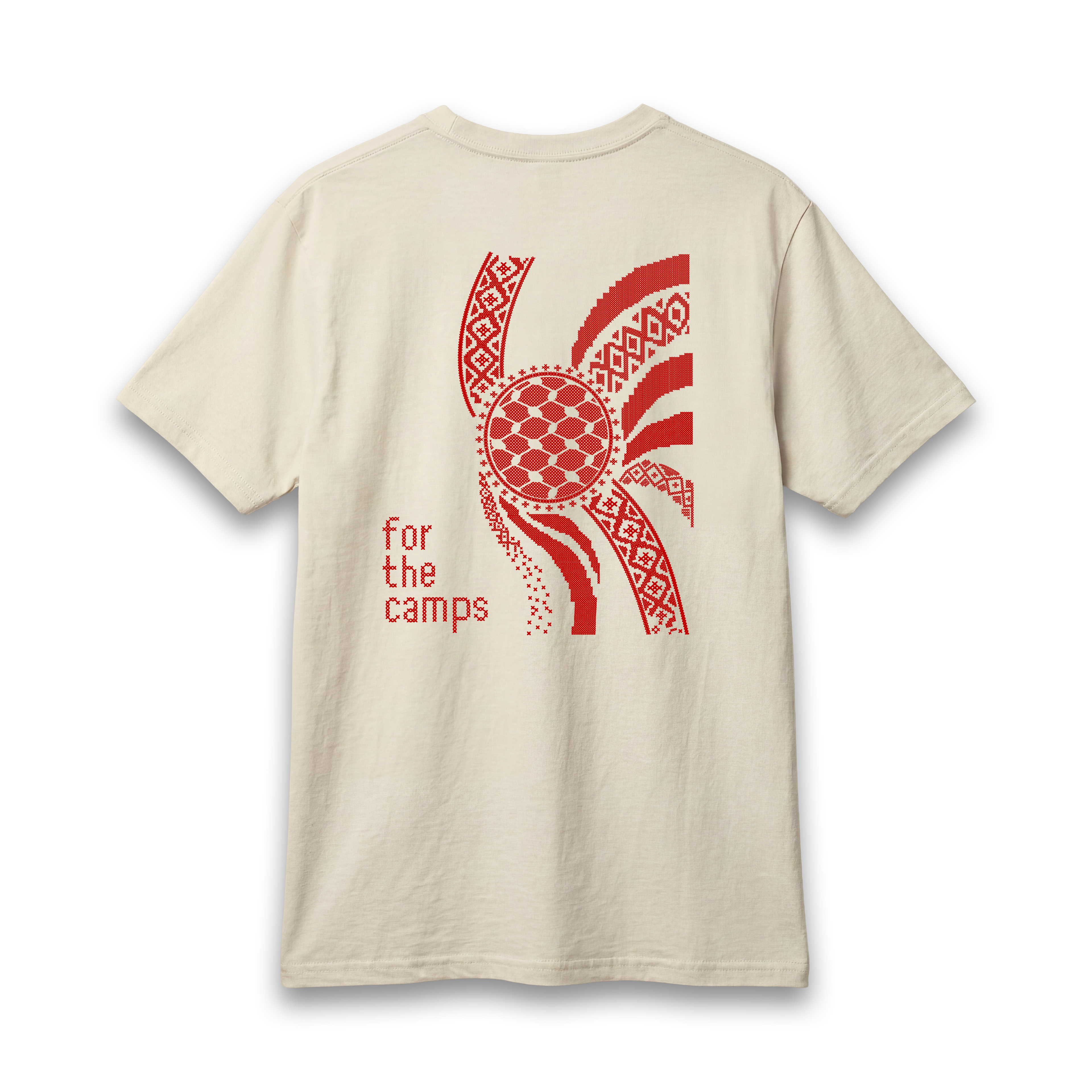 Back view of cream For the Camps Palestinian T-shirt with tatreez and keffiyeh-inspired artwork.
