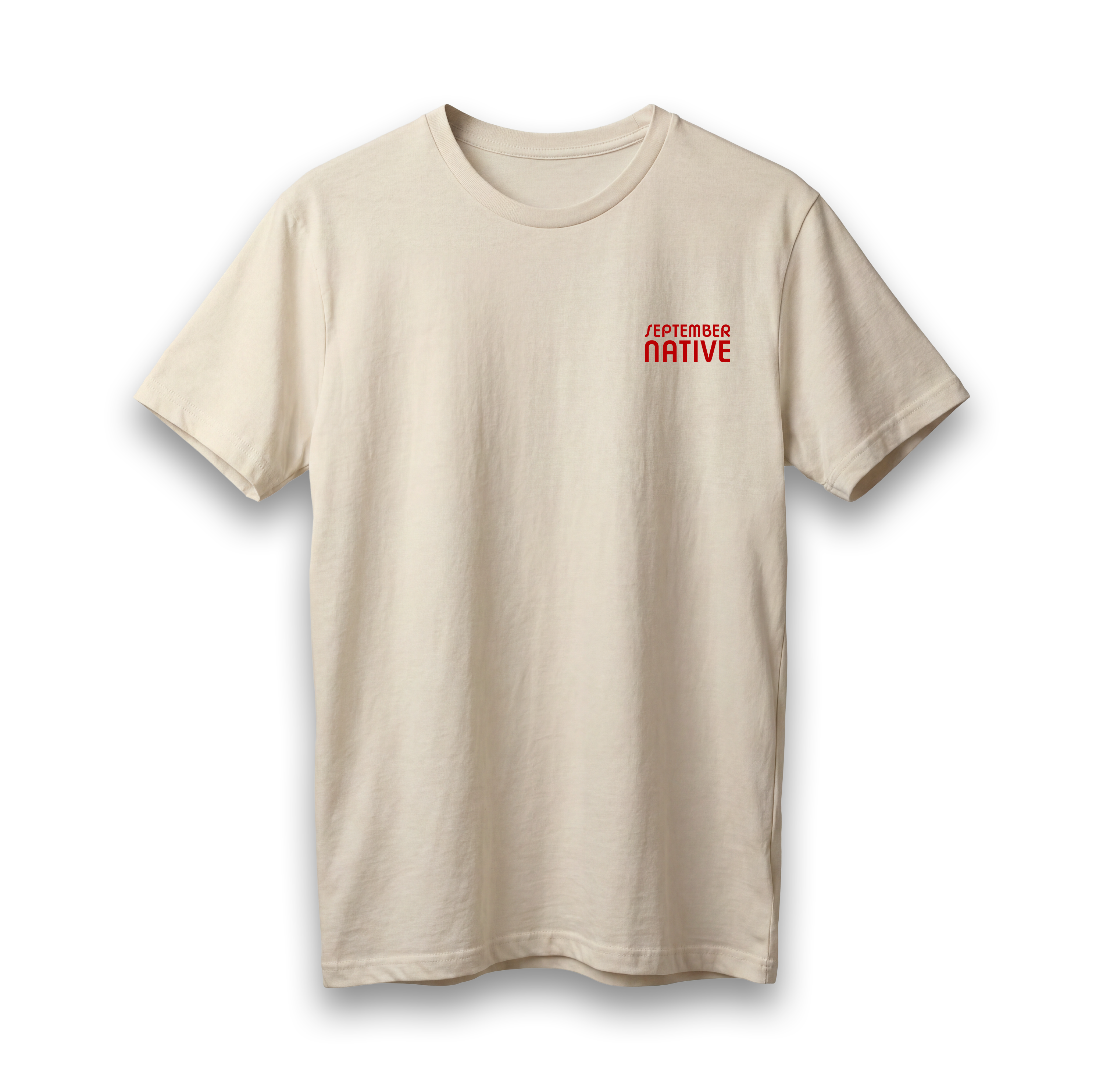 Front view of cream For the Camps Palestinian T-shirt with red September Native chest logo.
