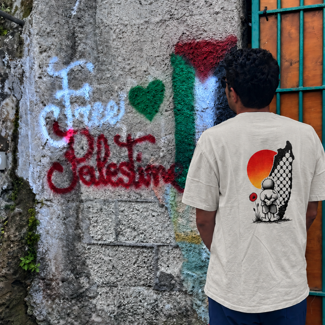 Free Palestine Handala heavyweight faded bone Palestinian T-shirt with back artwork, photographed in front of Free Palestine graffiti.