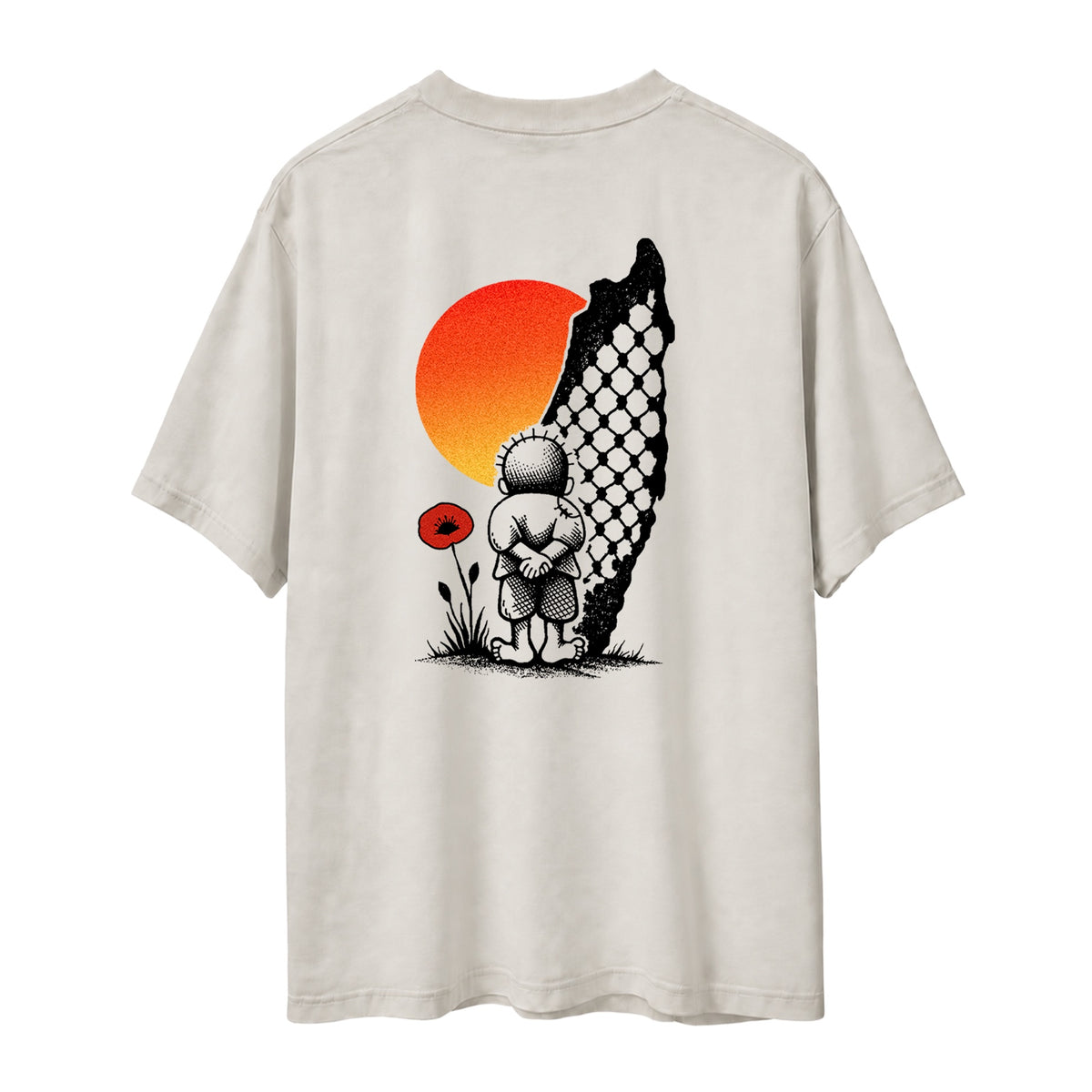 Back view of Faded Bone heavyweight Handala Palestinian T-shirt with Handala, red poppy, orange sun, and black-and-white keffiyeh-pattern artwork.