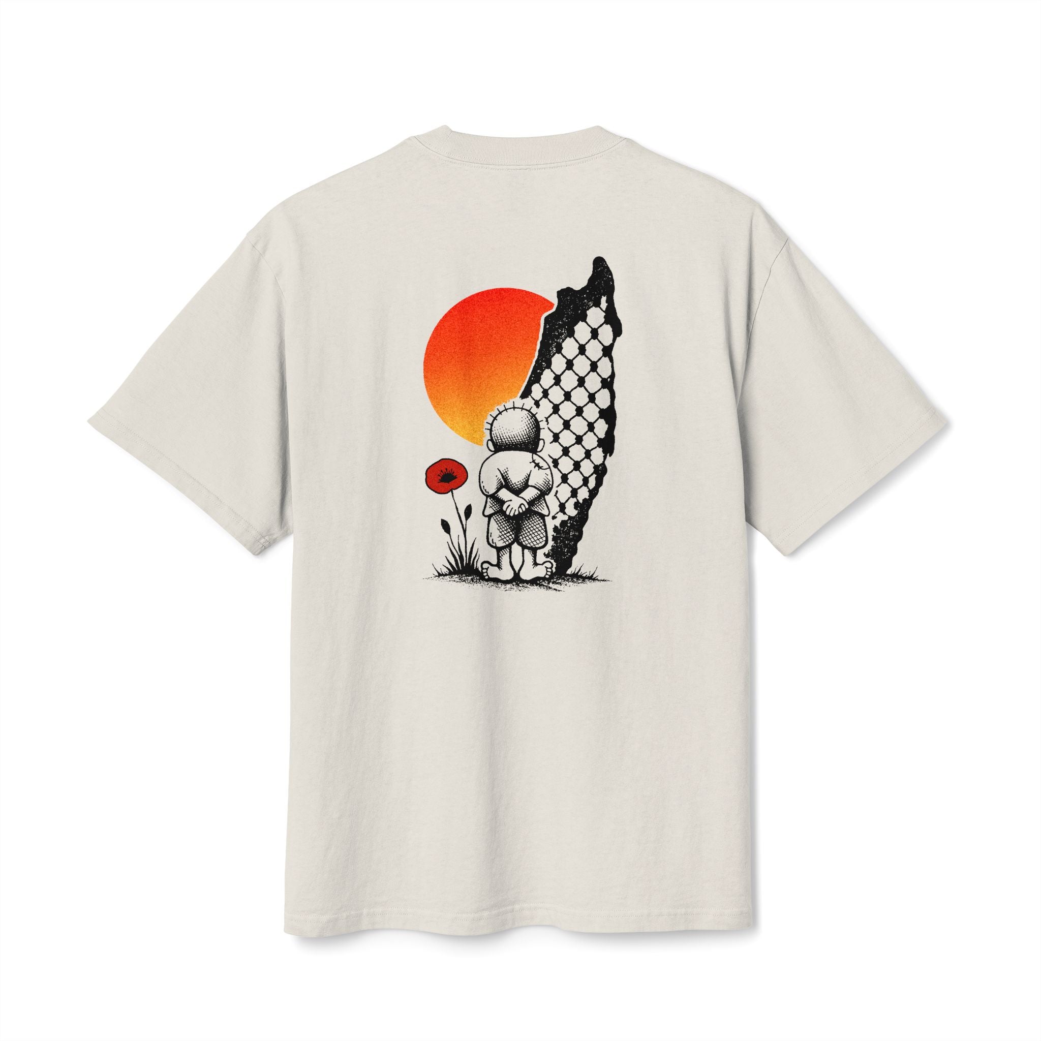Back view of cream heavyweight Handala Palestinian T-shirt with Handala, a red poppy, orange sun, and keffiyeh-pattern Palestine artwork.