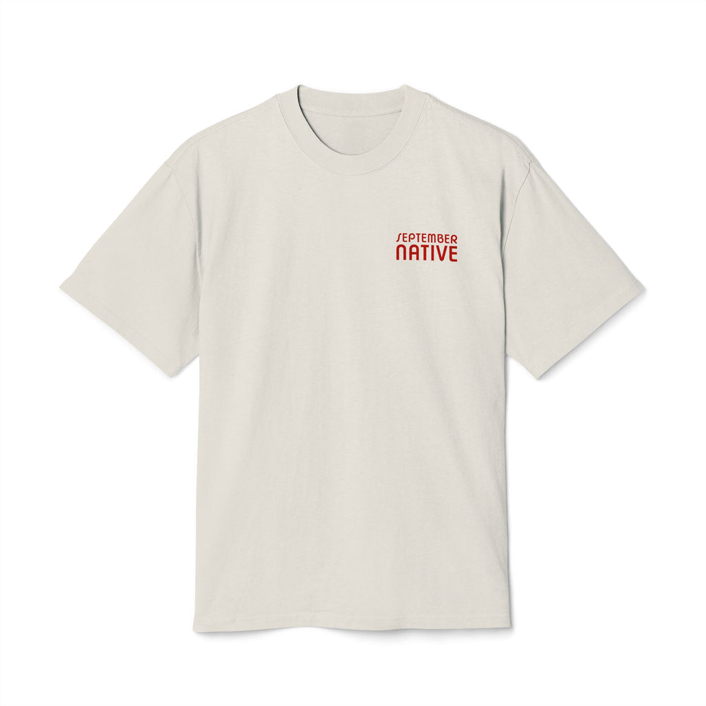 Front view of cream heavyweight Handala Palestinian T-shirt with September Native chest logo.