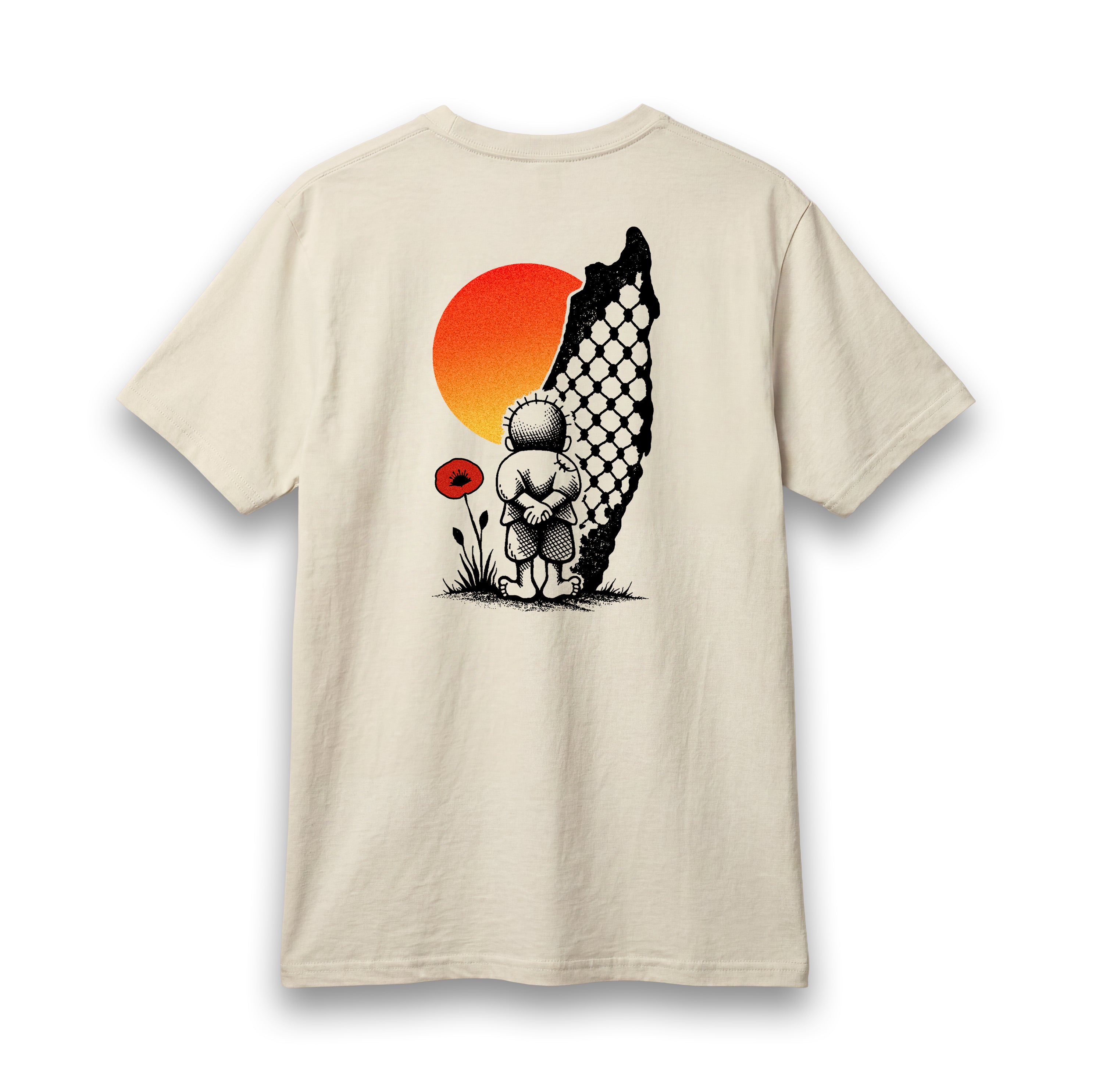 Back view of cream lightweight Handala Palestinian T-shirt with Handala, a red poppy, orange sun, and keffiyeh-pattern Palestine artwork.