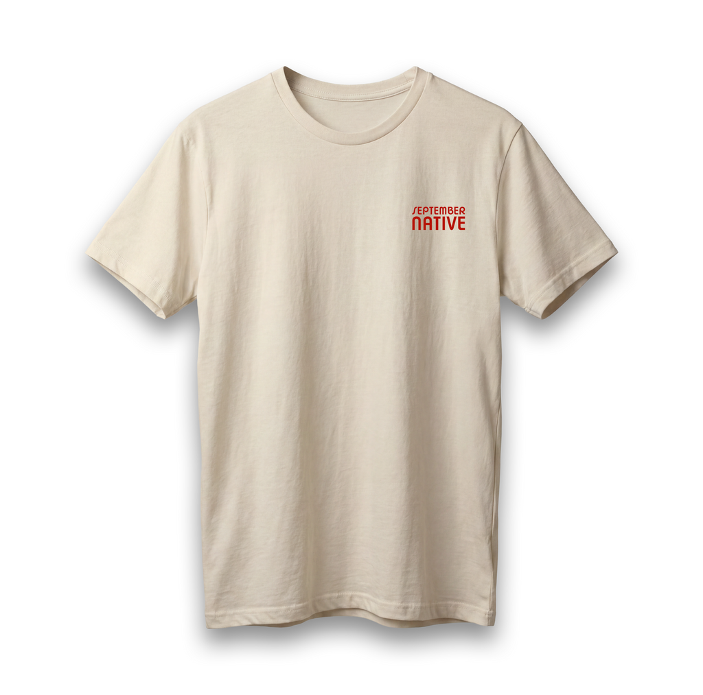 Front view of cream lightweight Handala Palestinian T-shirt with September Native chest logo.