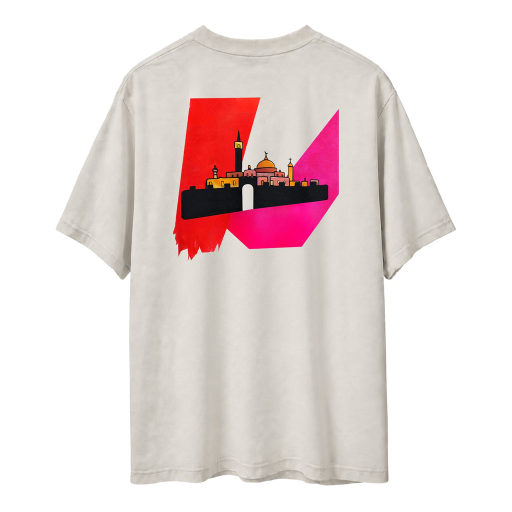 Back view of Faded Bone heavyweight In Jerusalem Palestinian T-shirt with colorful Jerusalem artwork.