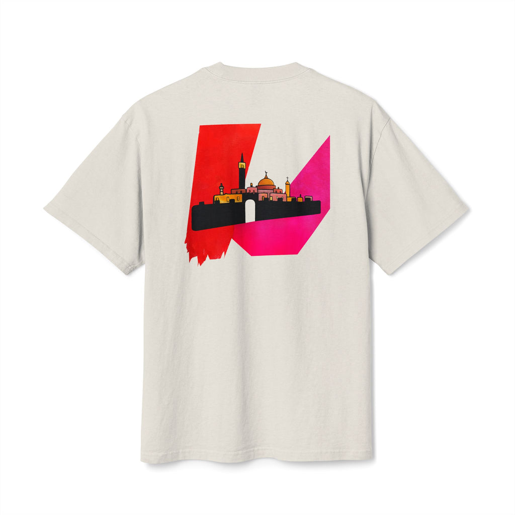 Back view of cream heavyweight In Jerusalem Palestinian T-shirt with Jerusalem artwork.