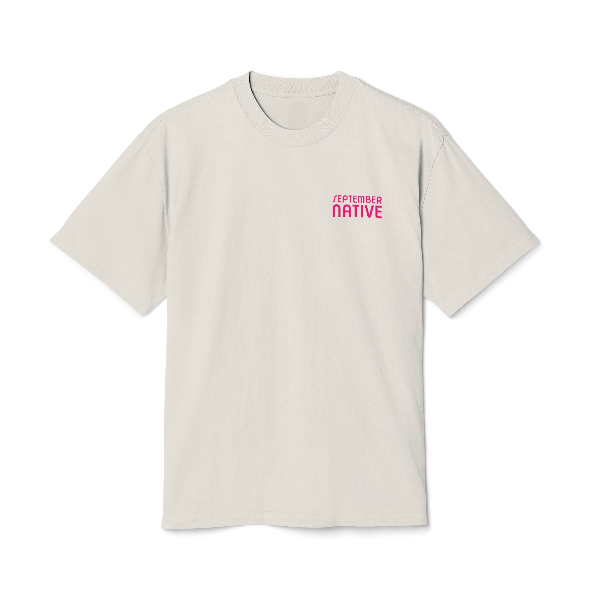 Front view of cream heavyweight In Jerusalem Palestinian T-shirt with September Native chest logo.