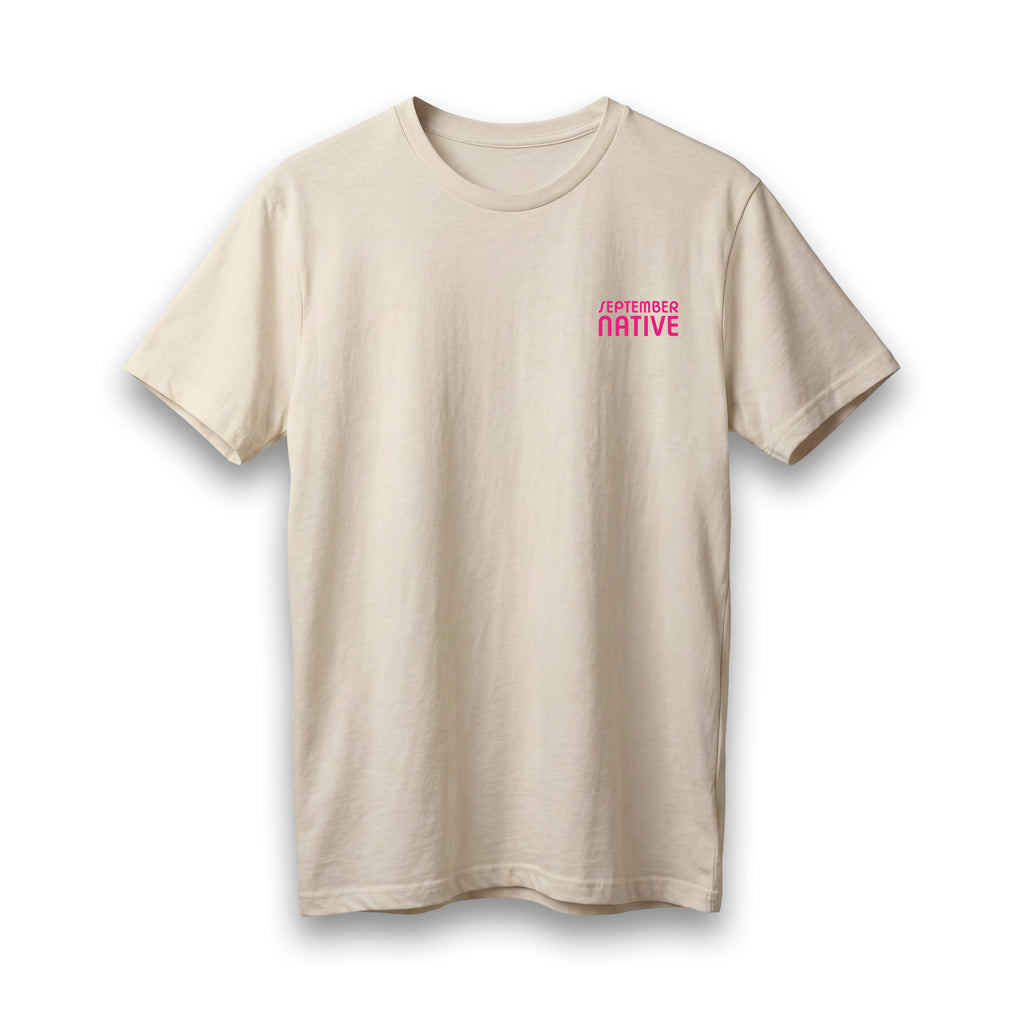 Front view of cream lightweight In Jerusalem Palestinian T-shirt with September Native chest logo.
