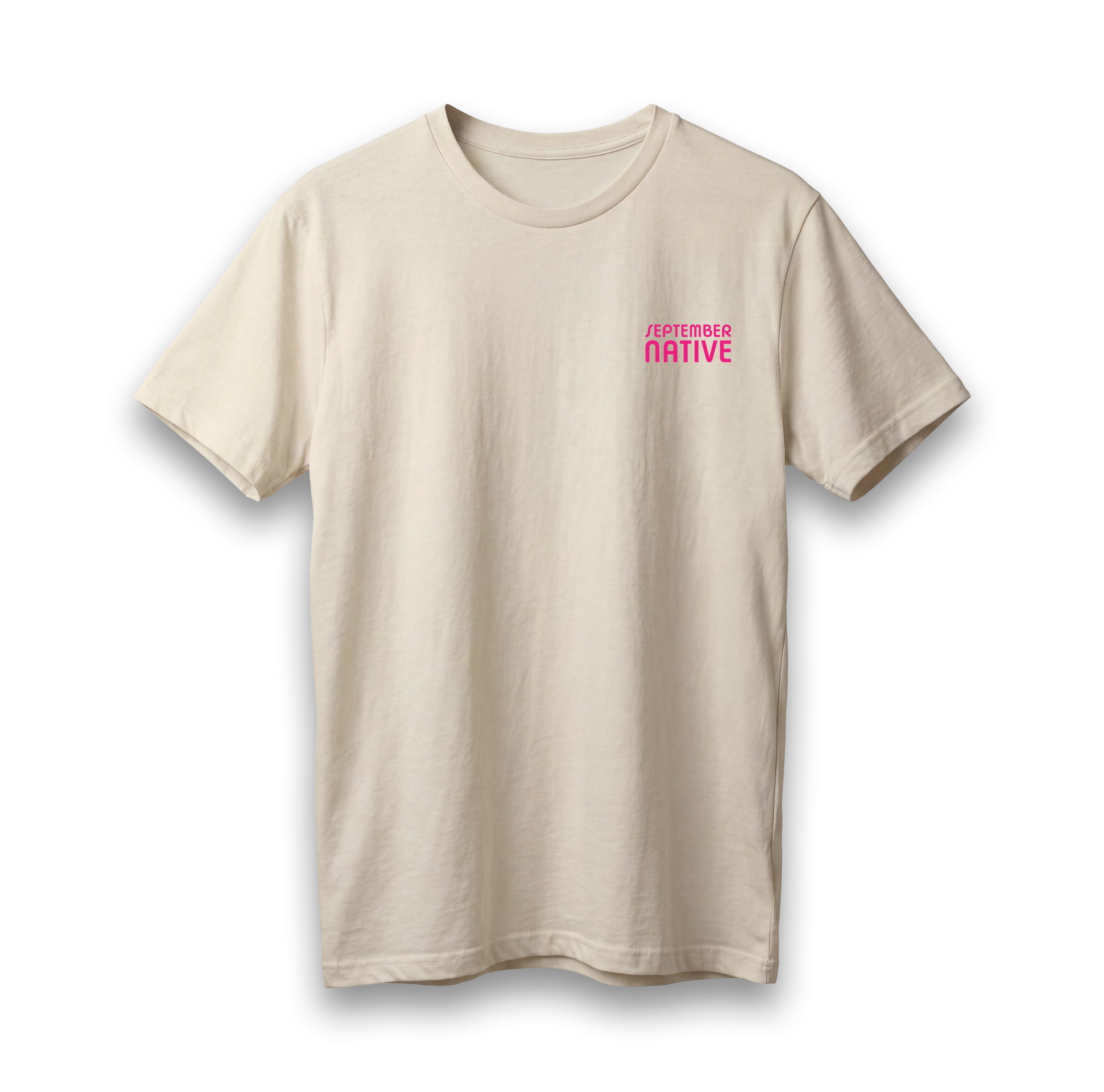 Front view of cream lightweight In Jerusalem Palestinian T-shirt with September Native chest logo.
