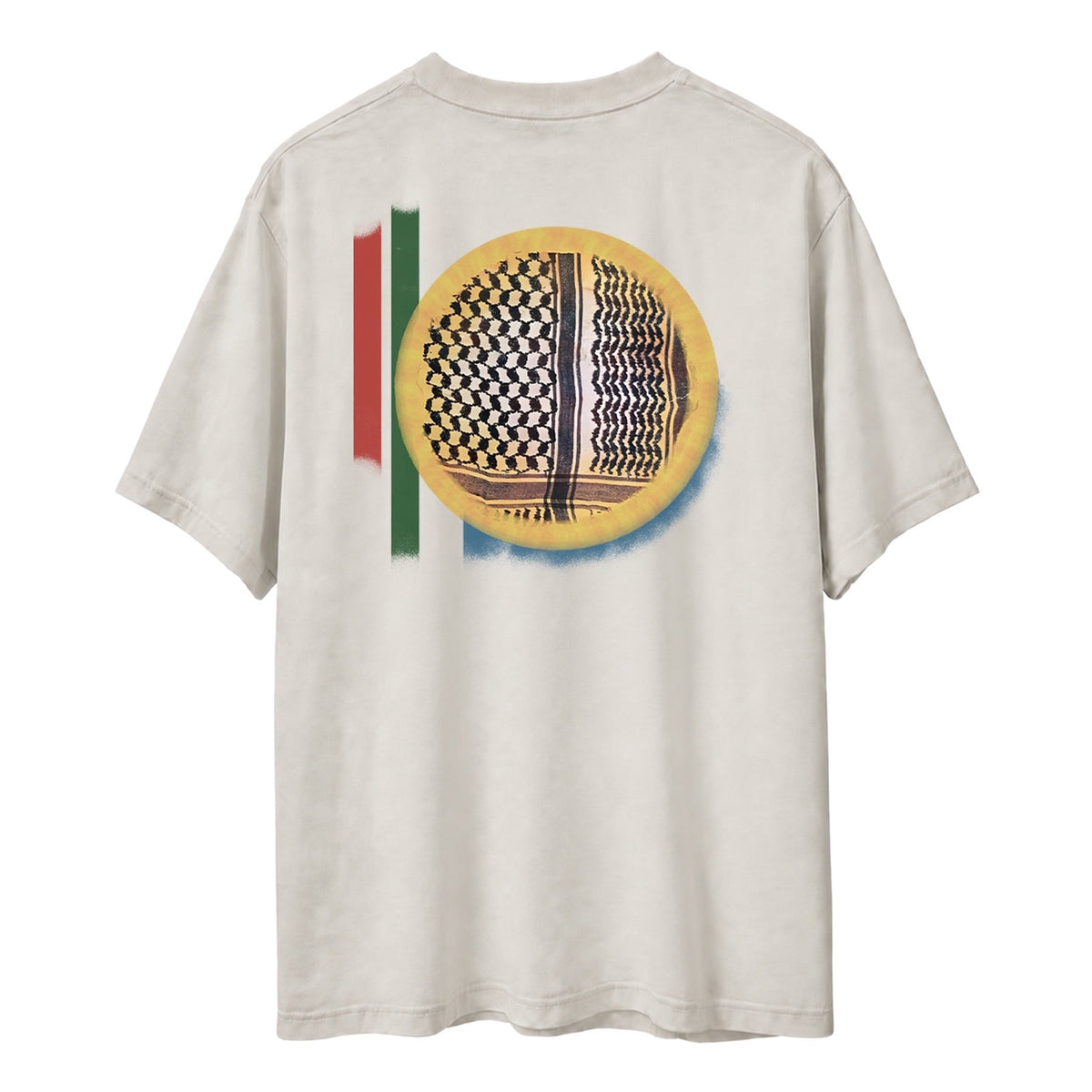 Back view of faded bone heavyweight Keffiyeh Sun Palestinian T-shirt with yellow sun and black-and-white keffiyeh pattern.

